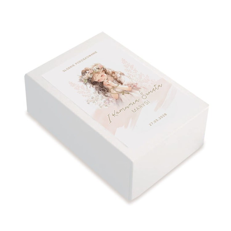 eleganckie pudełko na ciasto podziękowanie Komunia Święta dziewczynki