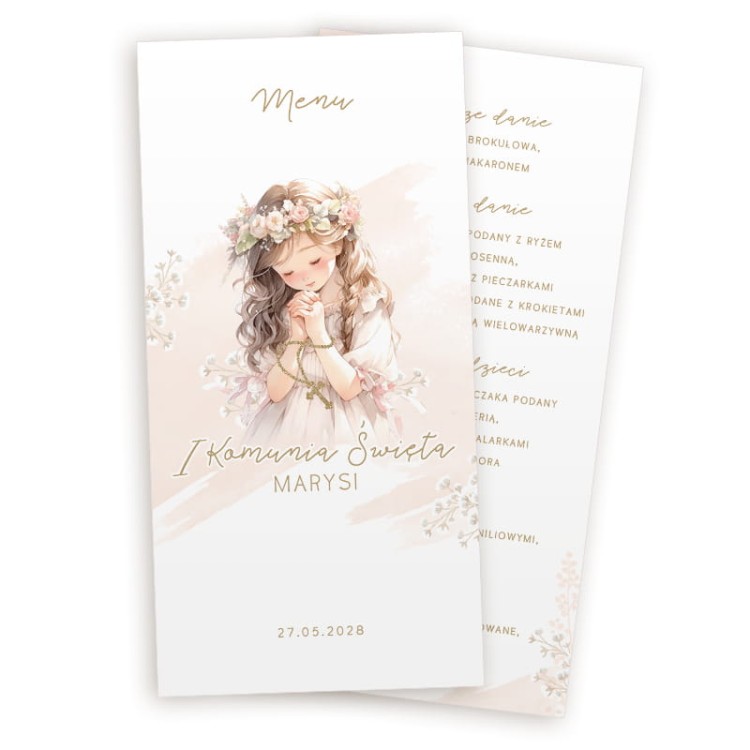 elegancka karta dań menu Komunia Święta dziewczynki