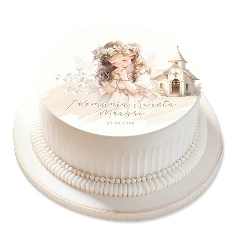 Dekoracja tortu na Komunię z ilustracją dziewczynki