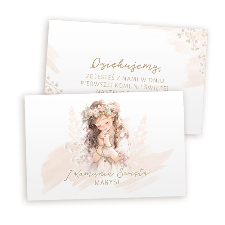 Podziękowanie komunijne z napisem i grafiką