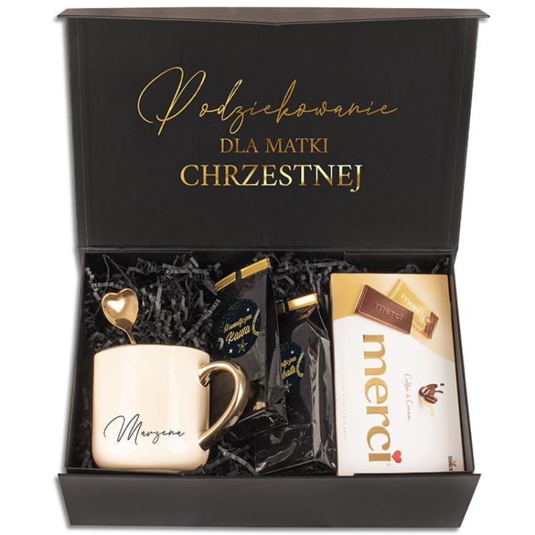 złoty zestaw elegancki box podziękowania dla chrzestnych Komunia Św. z łyżeczką serce