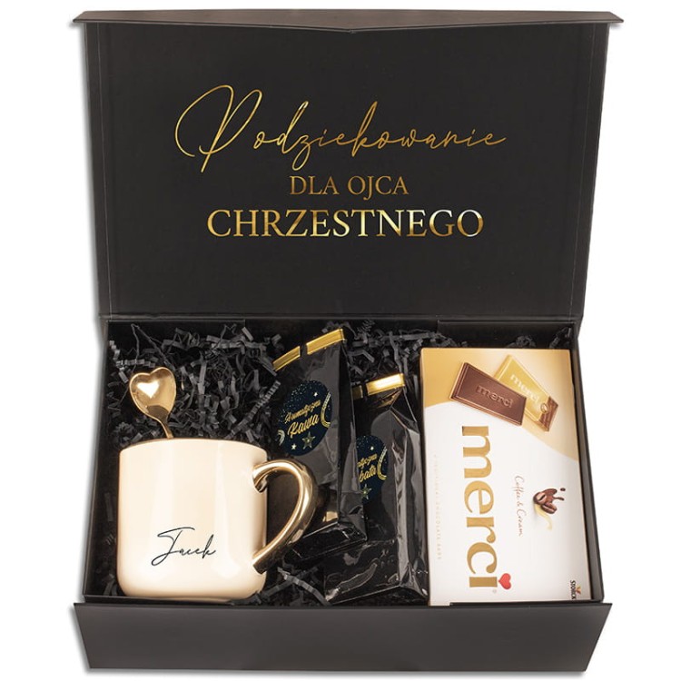 elegancki box podziękowania dla chrzestnych Komunia Św. z kubkiem i Merci