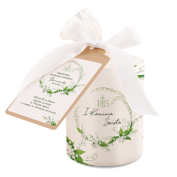 Podziękowanie dla gości świeca komunijna z grafiką majowej konwalii