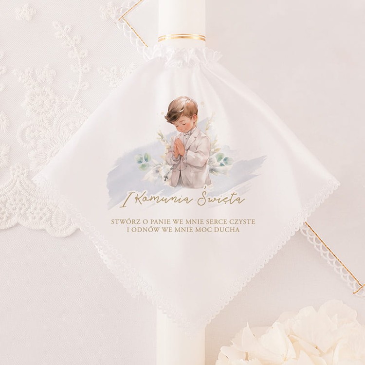 Ozdoba na świecę do Pierwszej Komunii Świętej chłopca.