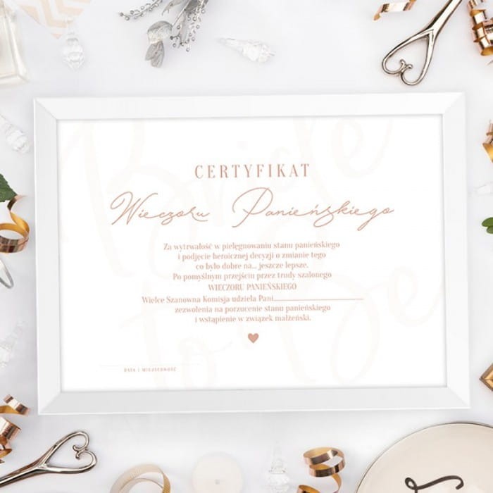 CERTYFIKAT Wieczoru Panieńskiego w ramce Bride to Be
