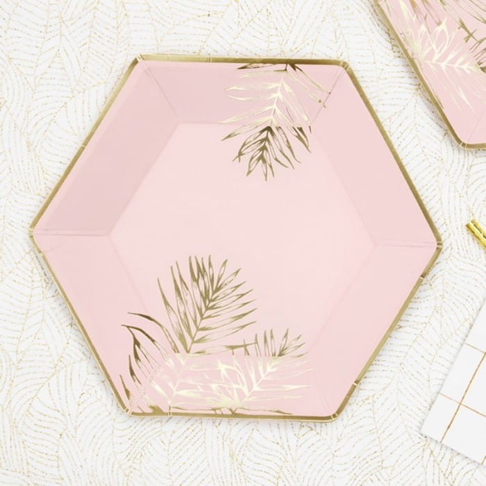 TALERZYKI papierowe różowe na panieński Złote Liście 6szt