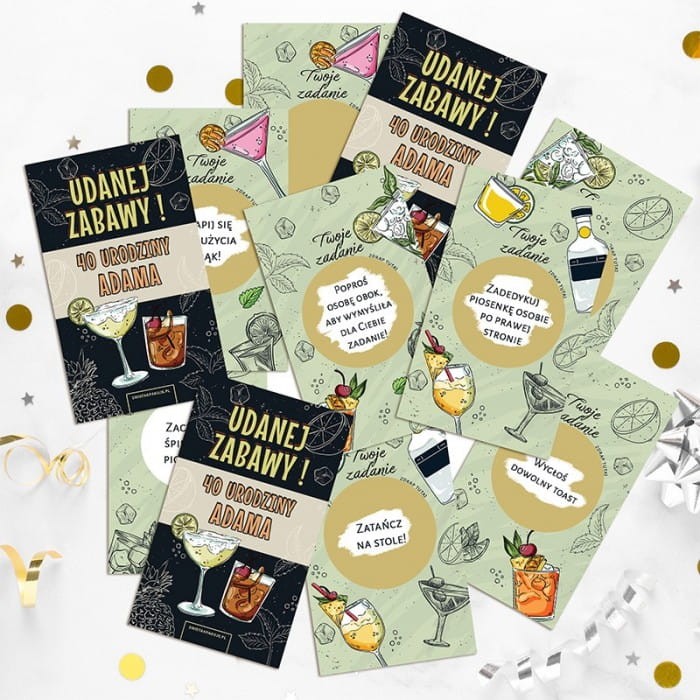 ZDRAPKI na imprezę karty z zadaniami personalizowane 20szt