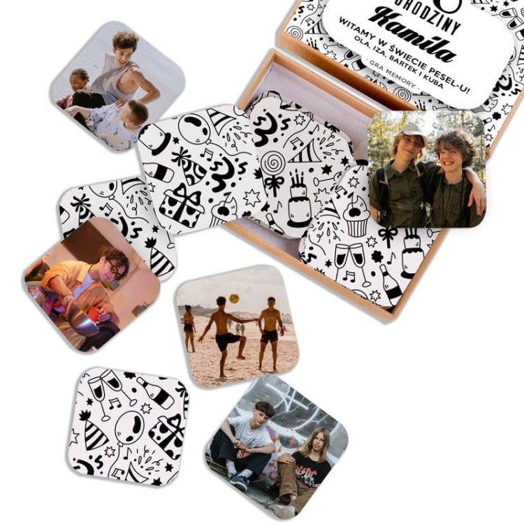 Gra memory na 18. urodziny w czarno-białym pudełku