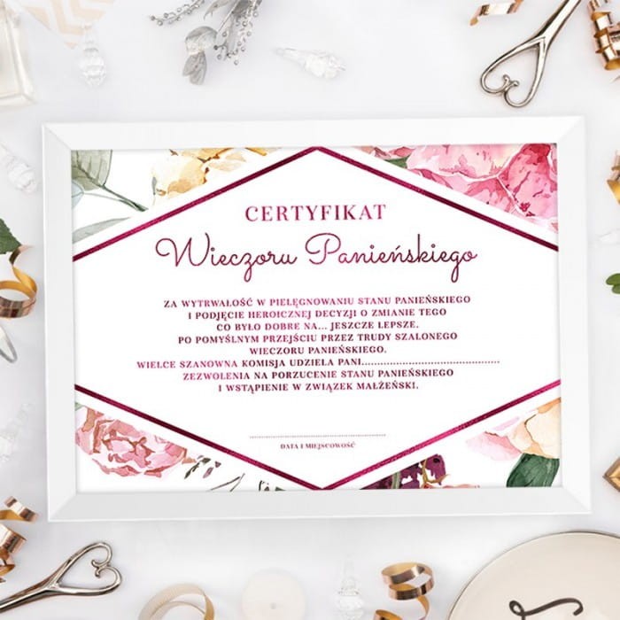 CERTYFIKAT Wieczoru Panieńskiego w białej ramce Forever Together