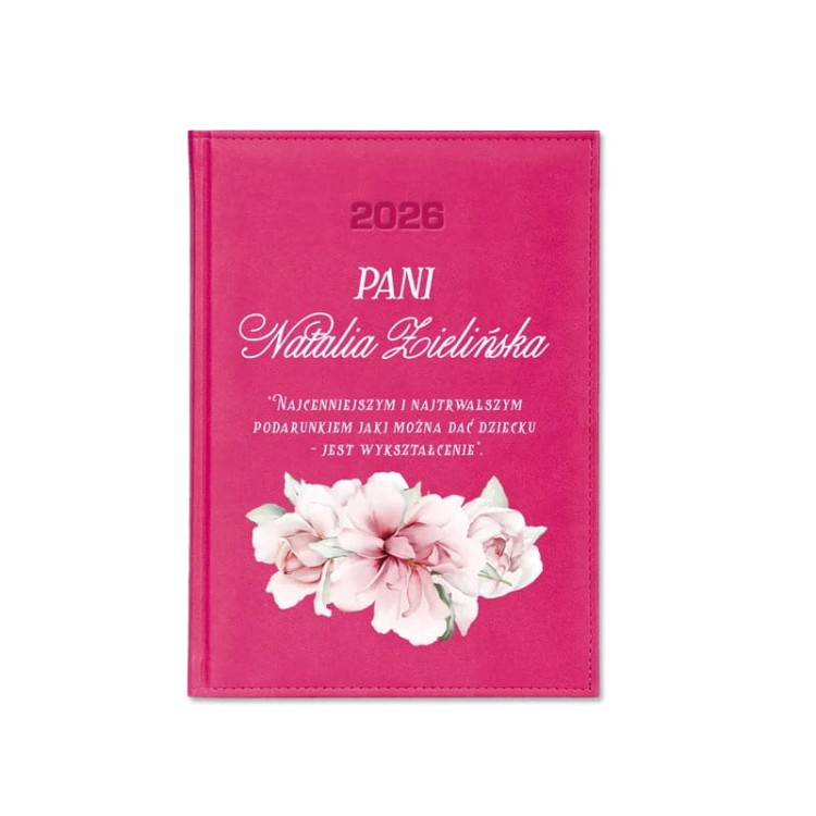 Kalendarz książkowy z motywem kwiatów i personalizacją na rok 2026 upominek dla nauczyciela