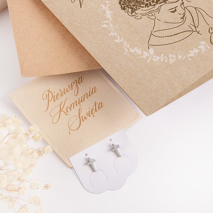 Prezent kolczyki biżuteria na komunię świętą dla dziewczynki kartka komunijna