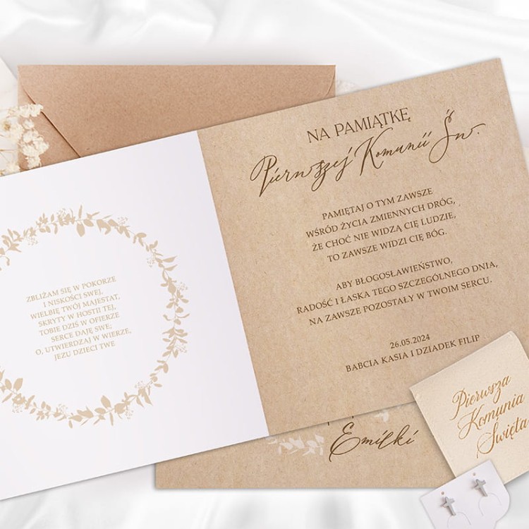 Kolczyki biżuteria z dedykowaną kartką na komunię świętą