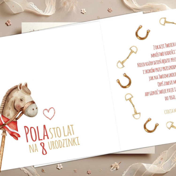 Hobby horse personalizowana kartka na urodziny dla dziewczynki