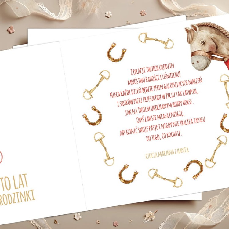 Kartka z życzeniami dla dziewczynki z motywem hobby horse
