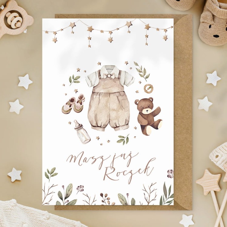 Kartka na roczek chłopca z życzeniami BOHO