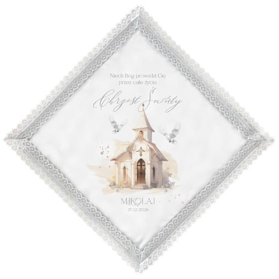 Szatka z grafiką kościoła na chrzest.