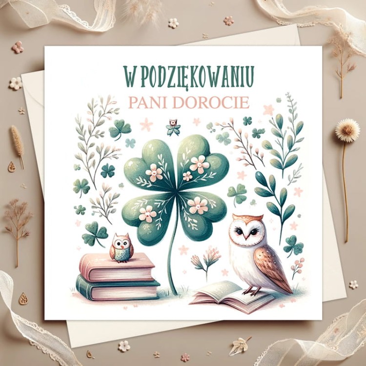 Kartka dla nauczyciela z czterolistną koniczyną.