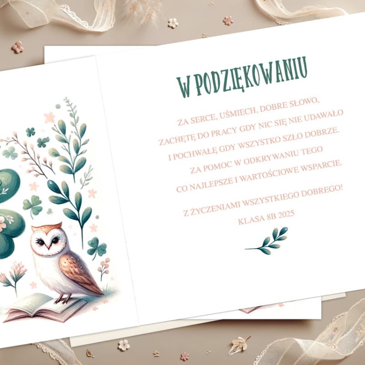 Kartka dla nauczyciela z grafiką sowy.