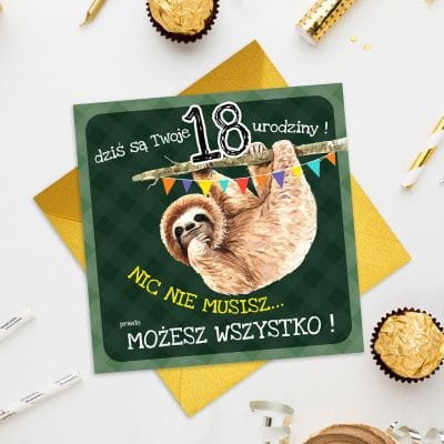 Kartka na 18 urodziny z leniwcem.