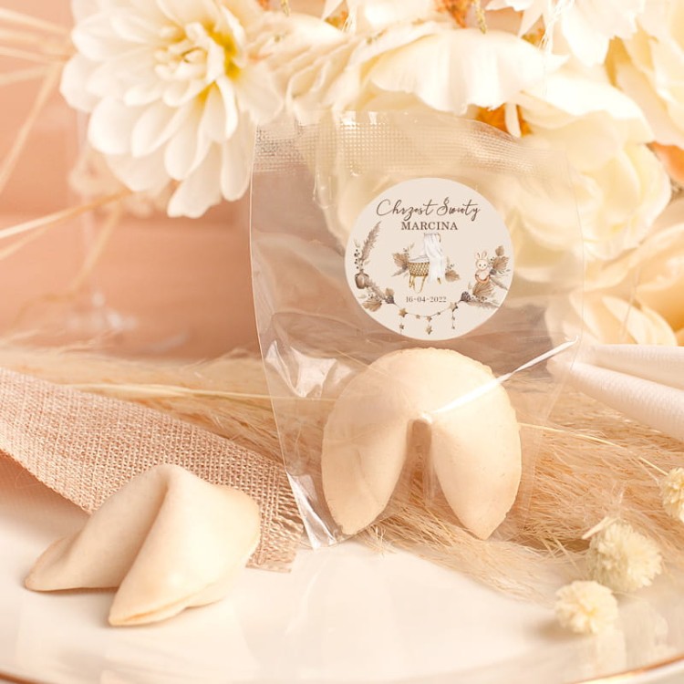 Personalizowane ciasteczka z wróżbą podziękowanie dla gości na chrzest święty BOHO