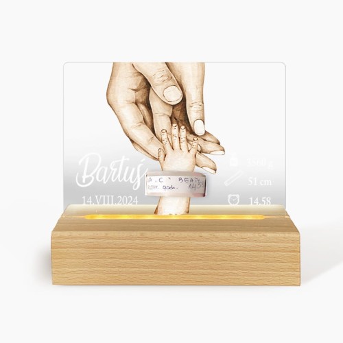 Tabliczka podświetlana ze szkła z miejscem na szpitalną opaskę prezent na narodziny