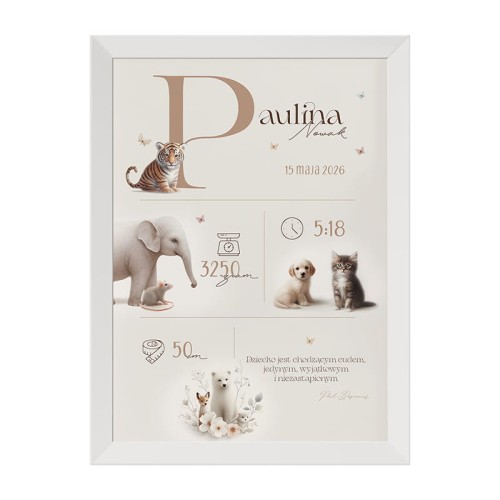 Plakat z metryczką i inicjałem na narodziny.