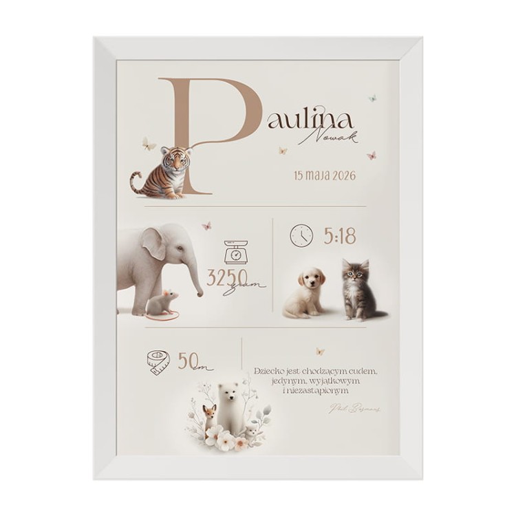 Plakat z metryczką i inicjałem na narodziny.