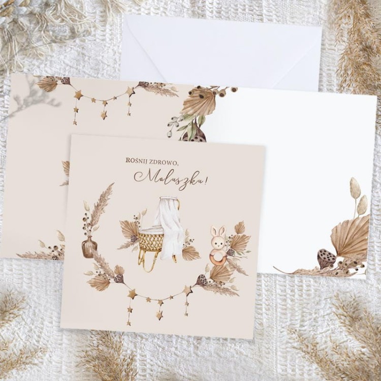 Kartka okazjonalna w stylu boho z okazji narodzin.