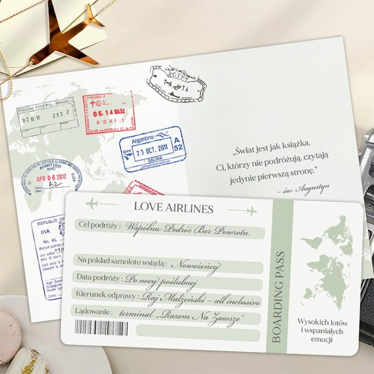 Kartka ślubna w kształcie paszportu.