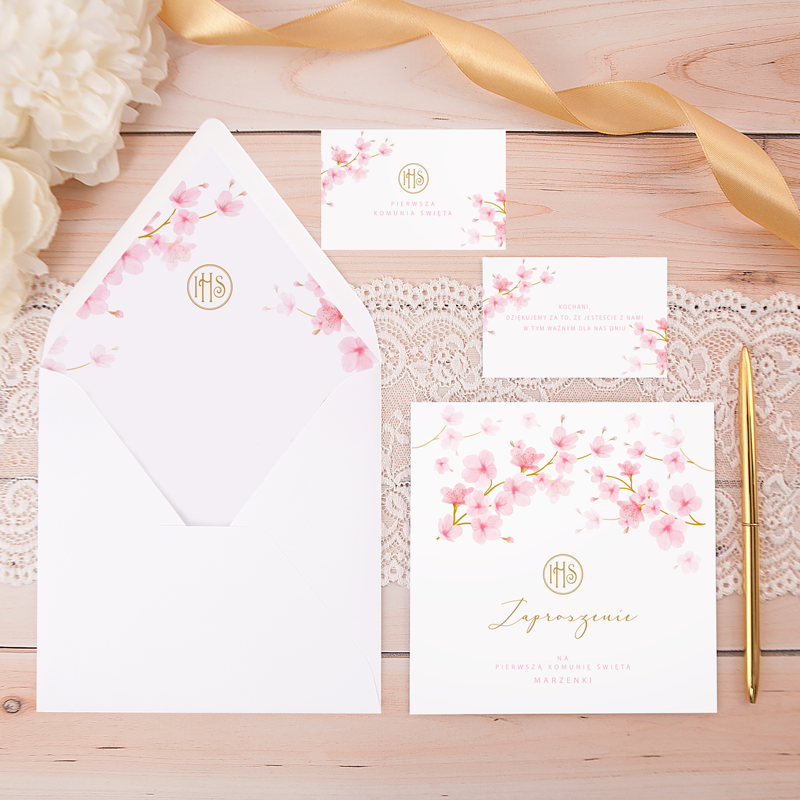 Zaproszenie komunijne różowe magnolie personalizowane – eleganckie zaproszenia na komunię dziecka